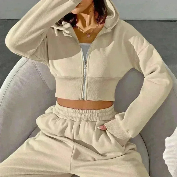 Khaki Casual Women's Zipper Front Hoodie And Pants Set - Picture 7 of 7